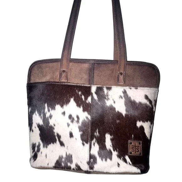 STS Ranchwear Cowhide & Leather Tote Bag With Pockets 18x13 Inches Brown & White - Picture 2 of 10